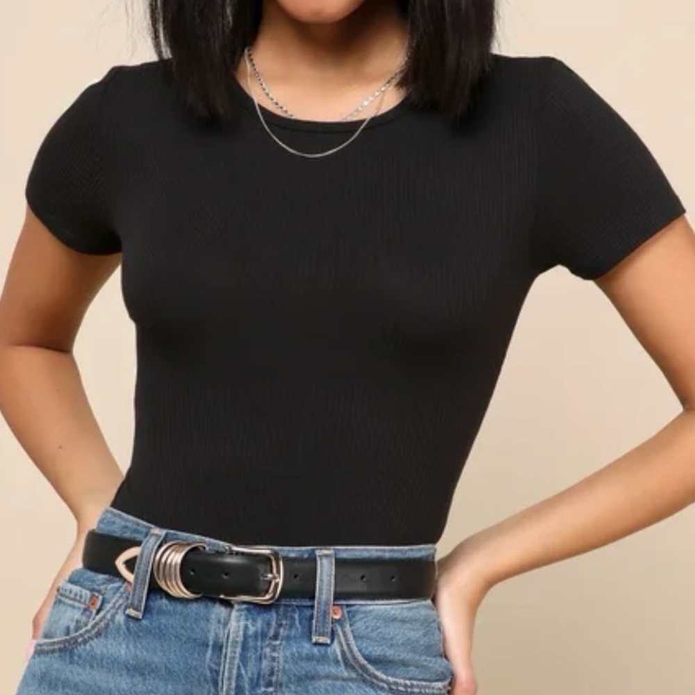 Lulus Kinship Black Short Sleeve Ribbed Bodysuit